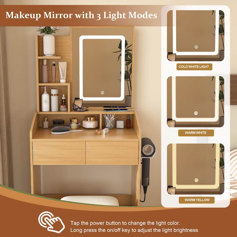 Compact Vanity Table with LED Mirror, Charging Station, Hairdryer Holder, Storage Drawers & Stool for Small Bedrooms