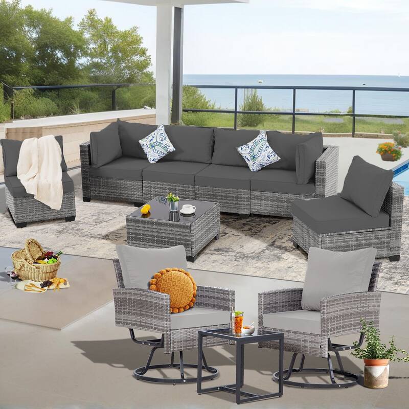 10-Piece Gray Wicker Patio Conversation Set,6 Sofas, 2 Swivel Chairs,2 Table - Dark Gray