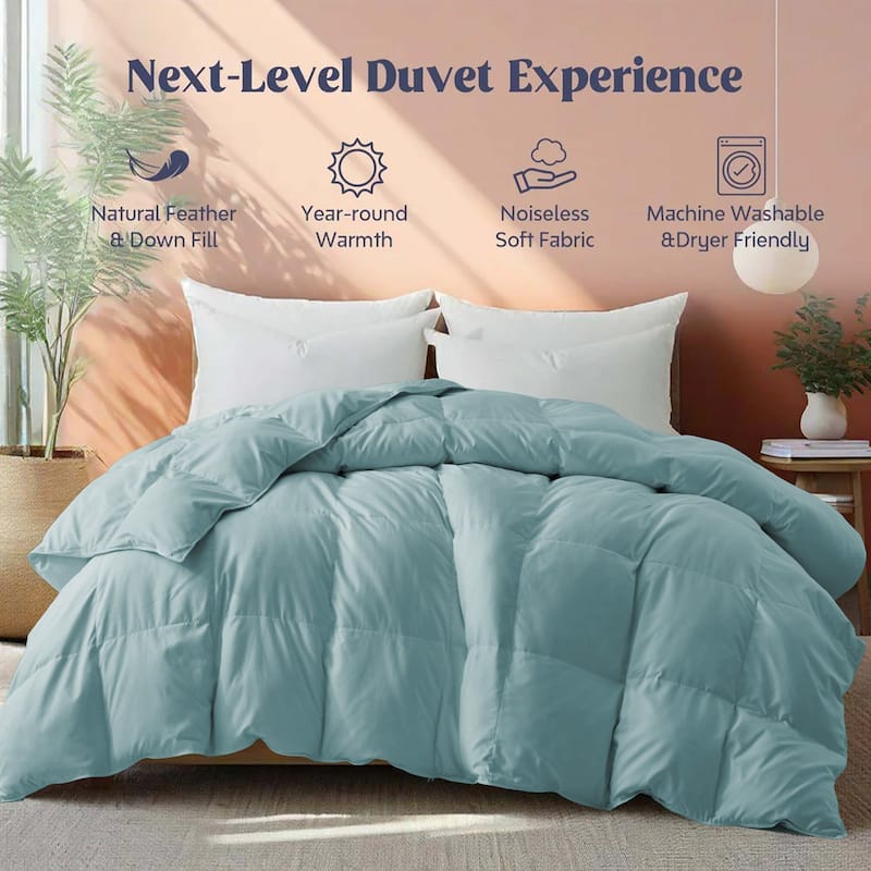 All Season Lightweight & Medium Weight White Goose Feather Down Comforter Duvet Insert - California King - Medium Weight Blue