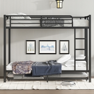 Twin XL over Twin XL Metal Bunk Bed Frame with Twin Size Trundle, Plastic Stoppers, Built-in Ladder and Full-Length Guardrails