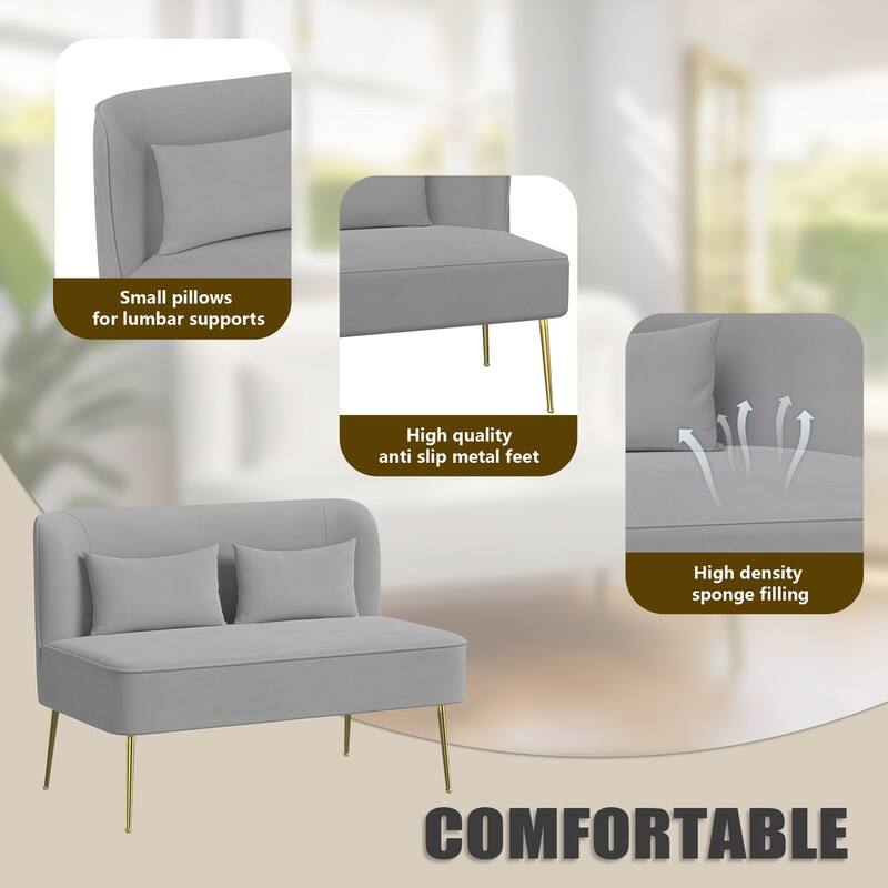 Upholstered Tuft Velvet Metal Thick Cushion Two Accent Chairs Loveseat