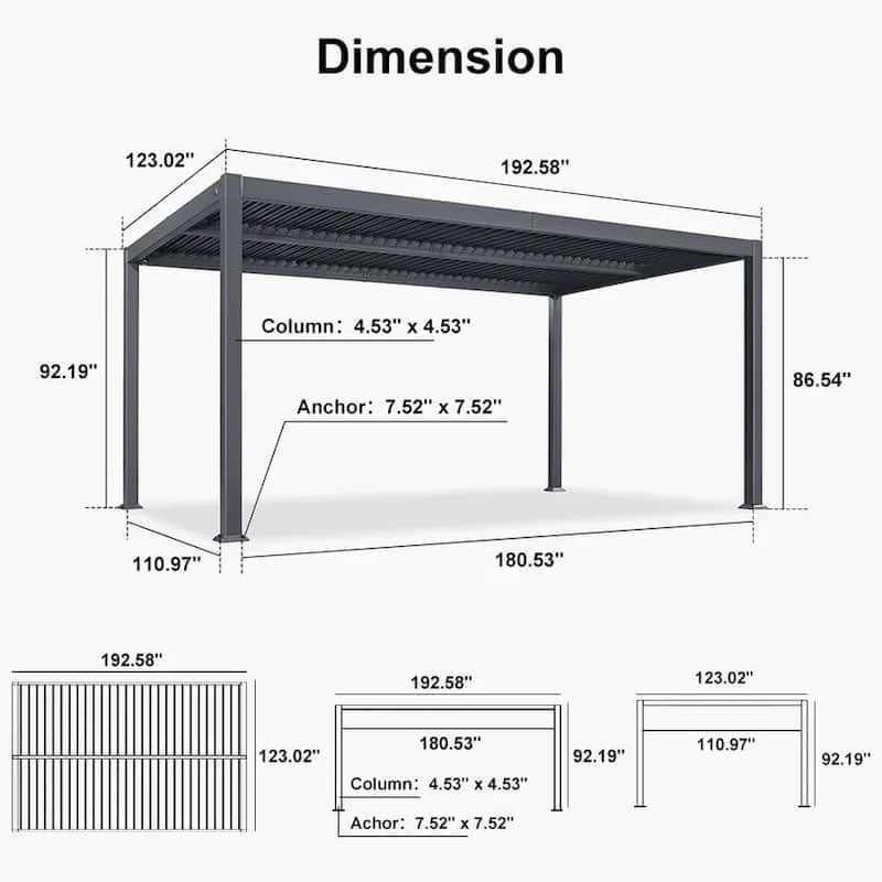 PURPLE LEAF Grey Louvered Sun Shade Pergola - Adjustable Metal Roof for Patio Hardtop Pergola