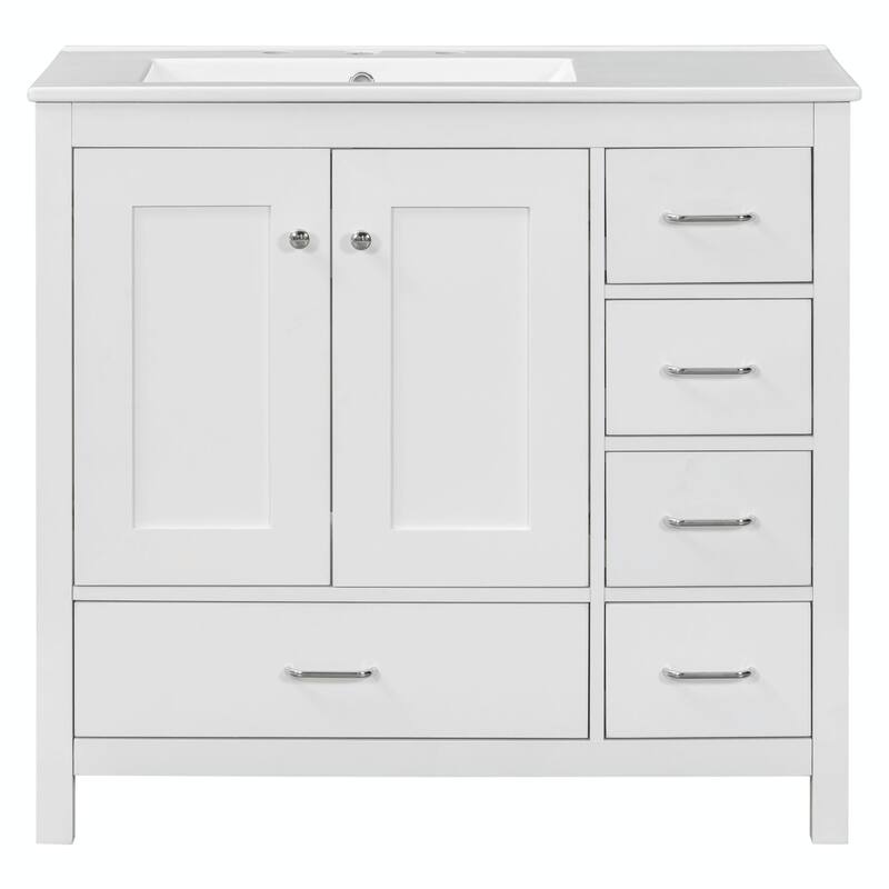 36" White Bathroom Vanity with Ceramic Sink Combo, Ample Storage Cabinet - 2 Soft-Close Doors and 5 Drawers