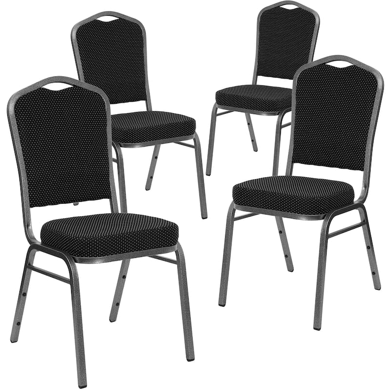 4 Pack Crown Back Stacking Banquet Chair - 20.25"D x 17.25"W x 38"H - Black Dot Patterned Fabric/Silver Vein Frame