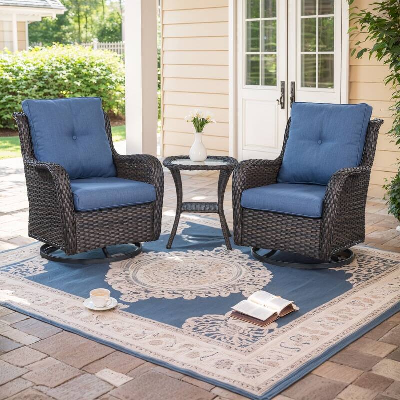Gymojoy Wicker Swivel Glider Chair with Water-Resistant Olefin Cushions - 3-Piece with Side Table - Brown Wicker / Blue Cusion