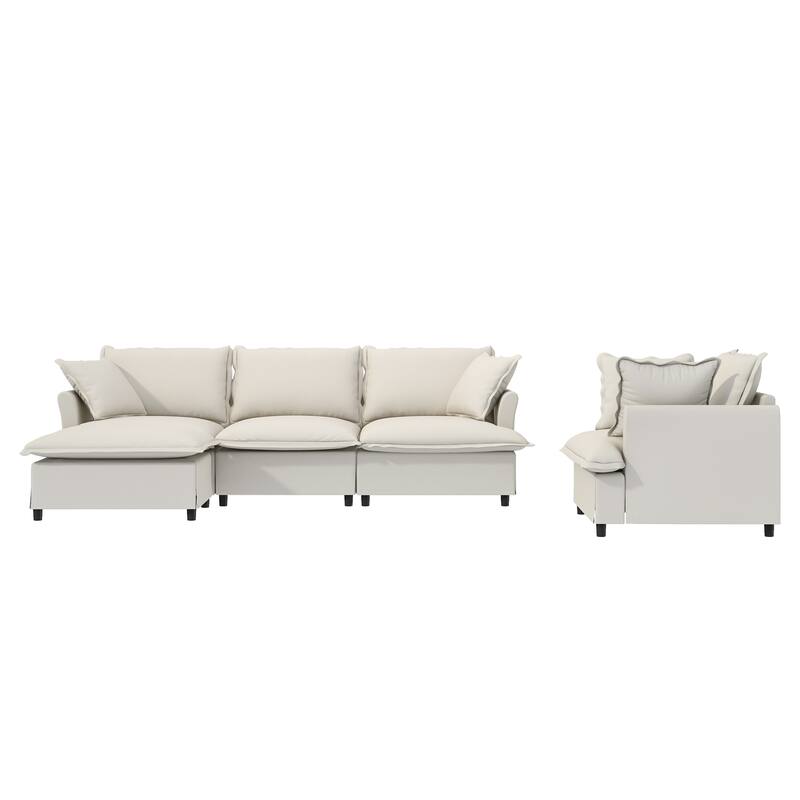 Chenille Sectional Sofa,Modular Cloud Sleeper Couch Set with Pillows - Beige+3 Seat+Single+Ottoman