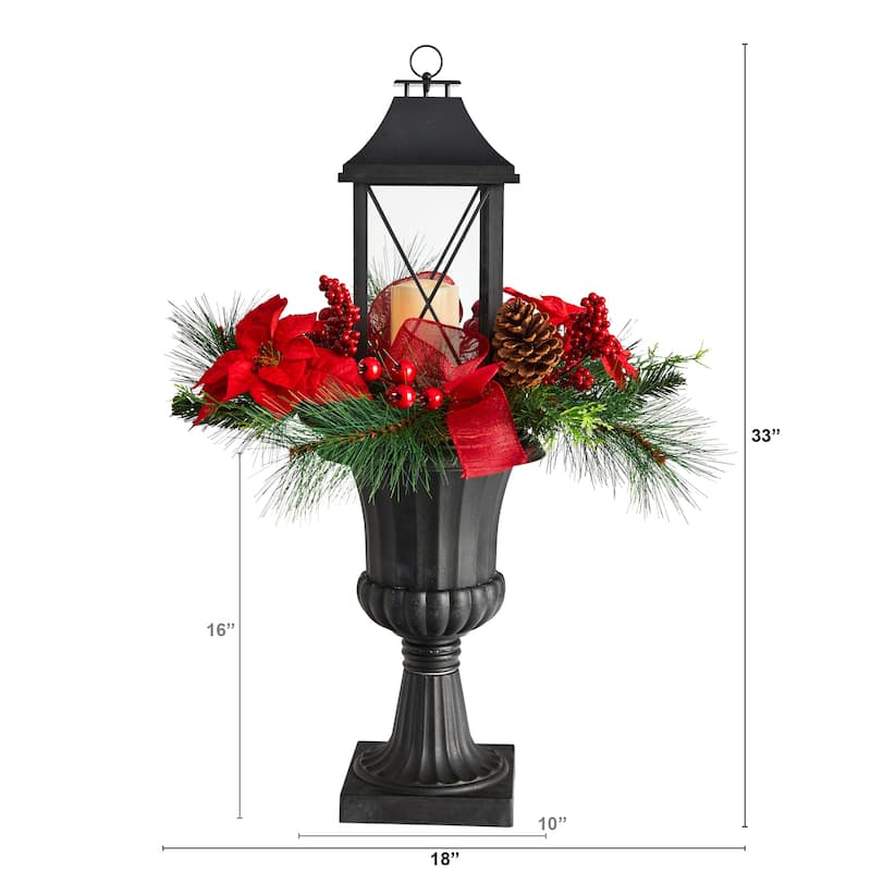 33” Battery Operated Berries and Poinsettia Christmas Lantern with Urn