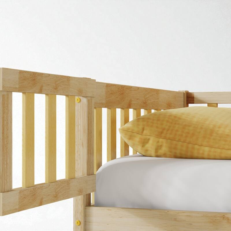 Twin Size Rubber Wood Floor Bed with Fence and Door, Montessori Platform Bed with Safety Guardrails for Kids