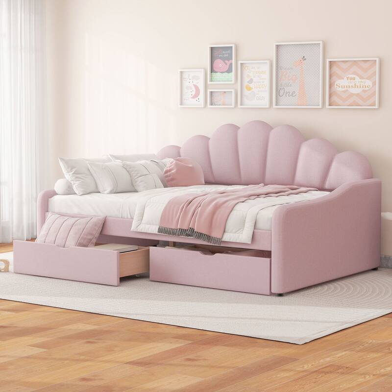 Full Size Shell-Shaped Backrest Upholstered Daybed with Optional Trundle or Drawers