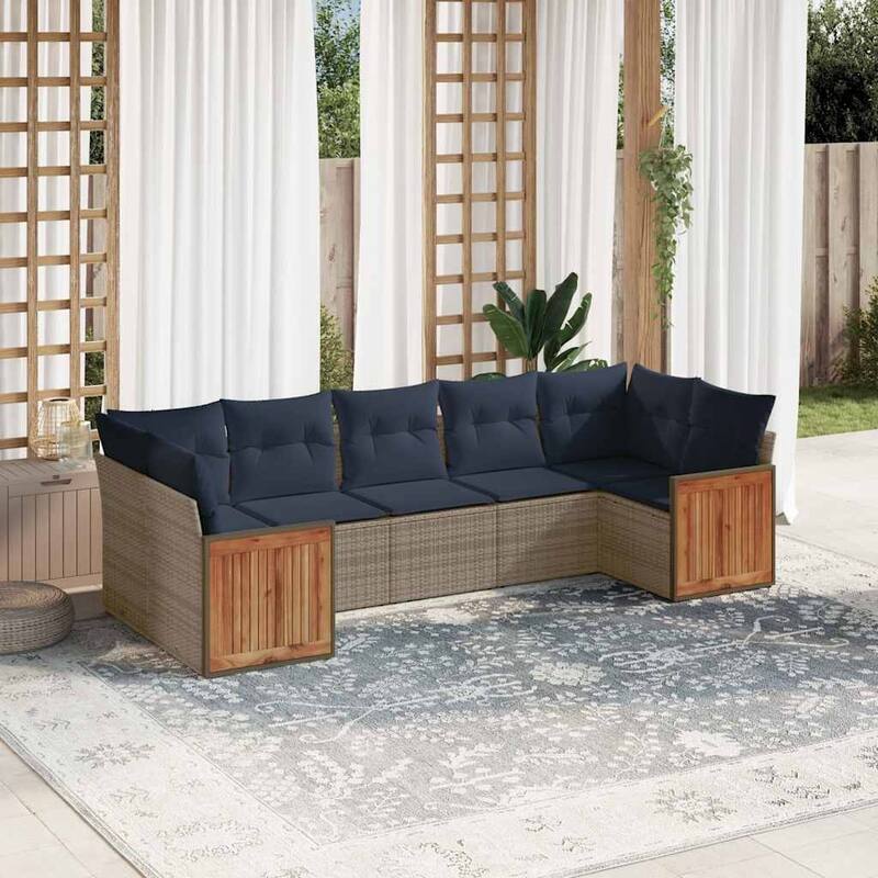 vidaXL 7 Piece Patio Sofa Set with Cushions Gray Poly Rattan - 24.4 x 24.4 x 27.2
