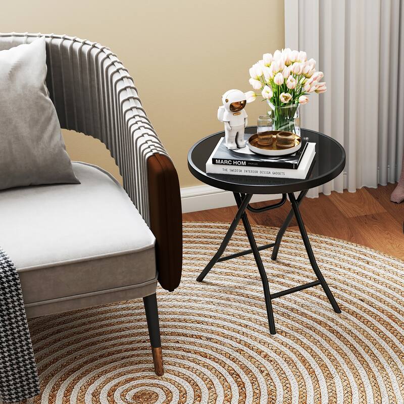 Gymax Round Folding Side Table 18 Inch Patio Coffee Table w/ Tempered