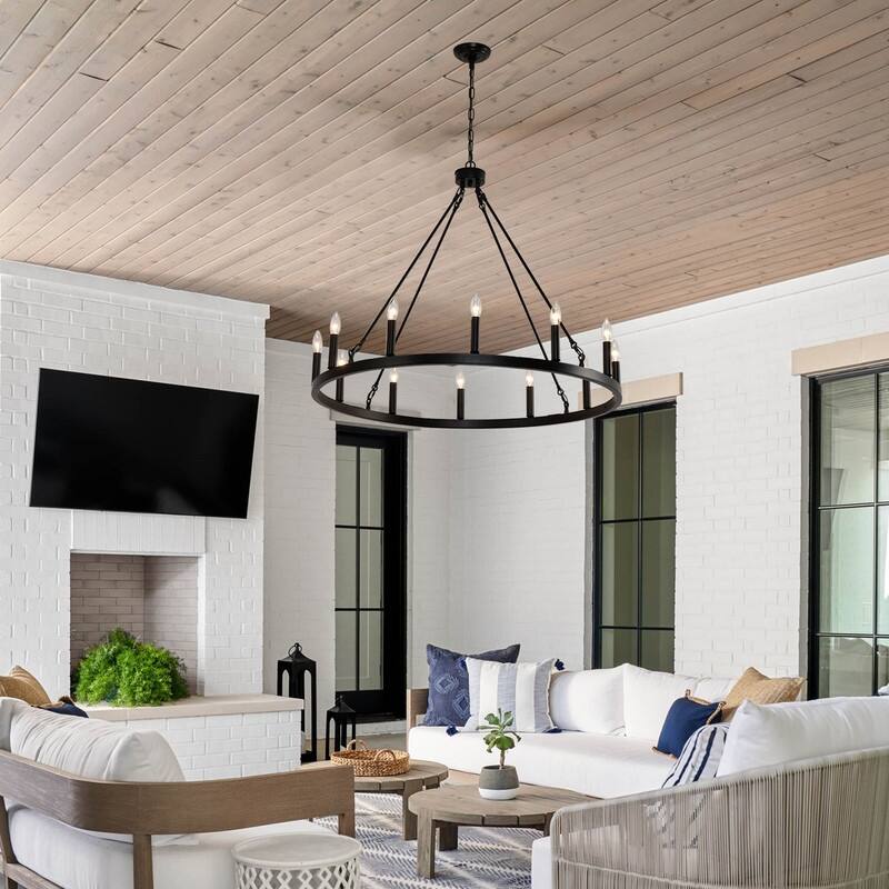 12-Light Wagon Wheel Chandelier 38" Black Farmhouse Round Chandeliers - 38inch
