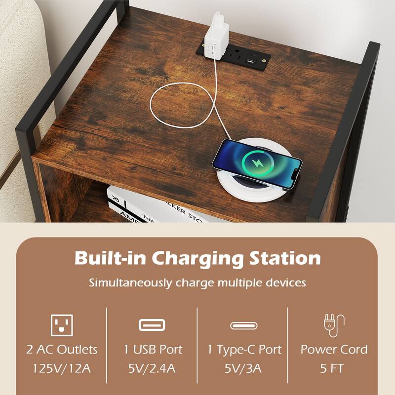 Gymax 3-Tier Rolling Record Player Stand w/ Charging Station Open