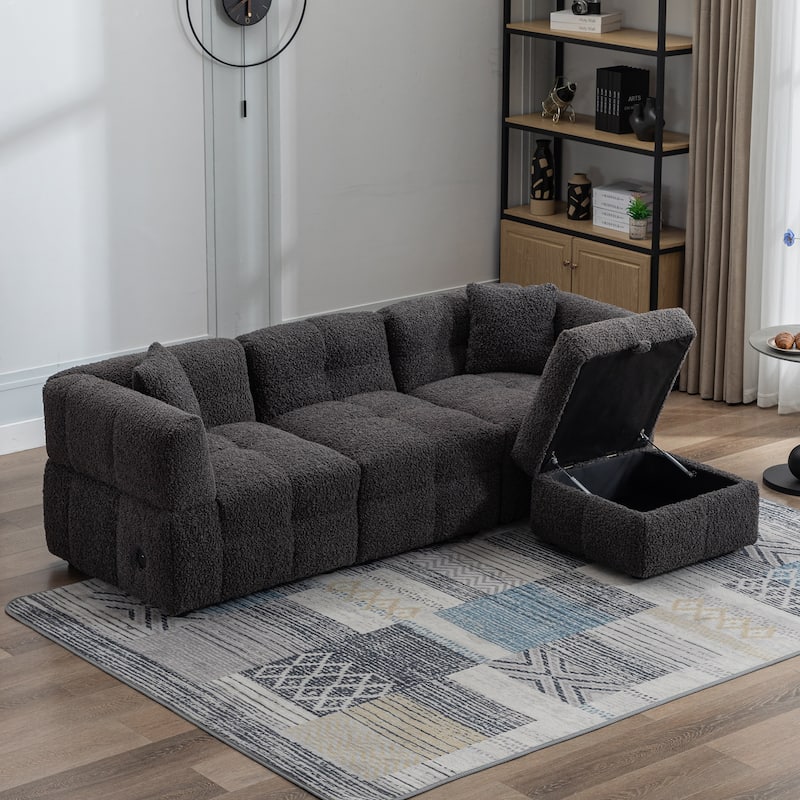 Sectional Sofa Couch with Two USB Ports, a Movable Storage Ottoman, and Two Lumbar Pillows for Living Room