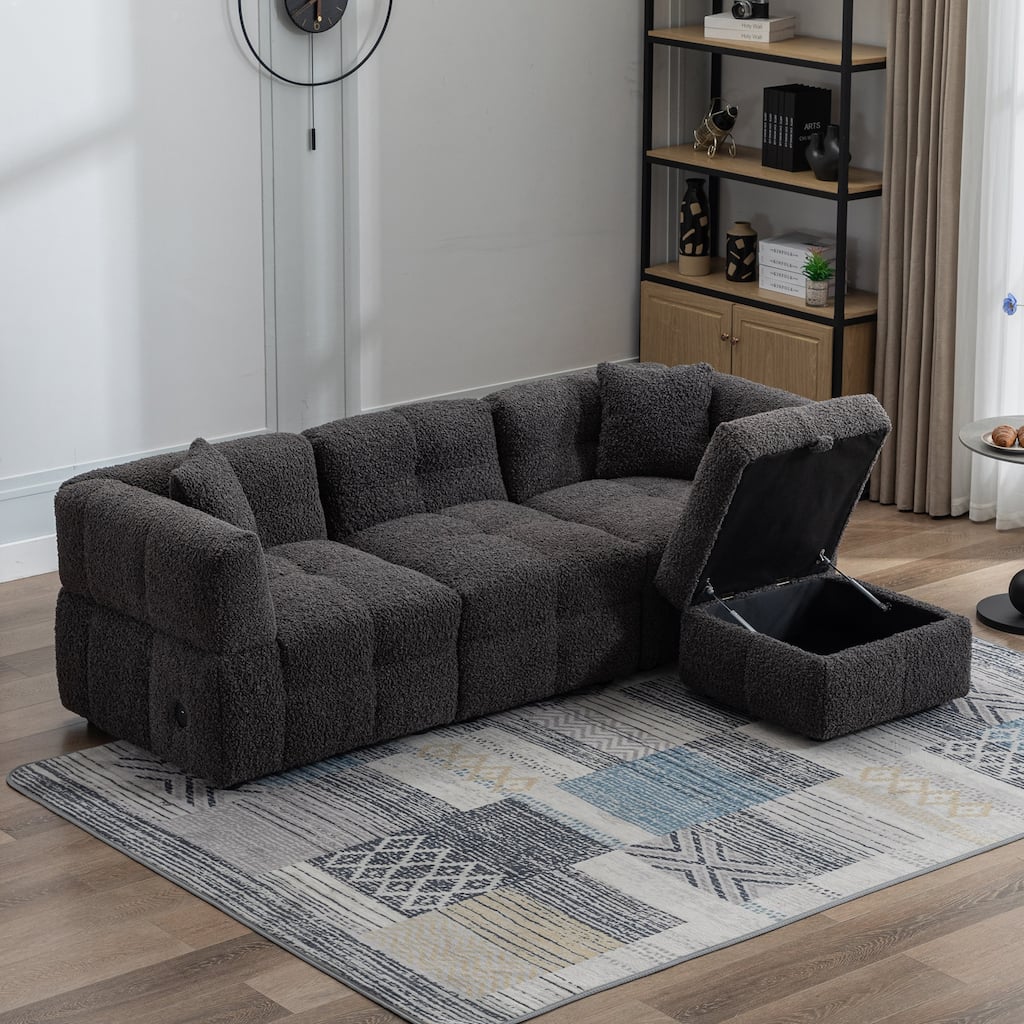 Sectional Sofa Couch with Two USB Ports, a Movable Storage Ottoman, and Two Lumbar Pillows for Living Room
