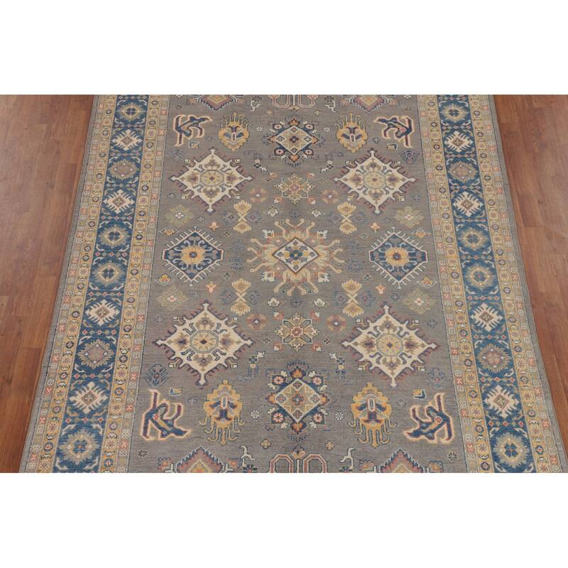 Hand Knotted Oriental 100% Wool Carpet Traditional Geometric Greys & Charcoal Kazak Area Rug - 9' 9'' X 6' 5''