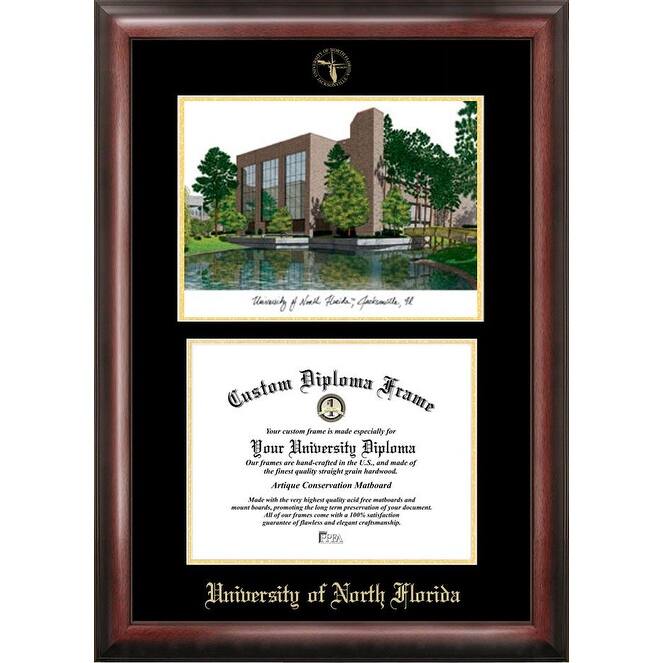 University of North Florida 11w x 8.5h Gold Embossed Diploma Frame with Campus Images Lithograph
