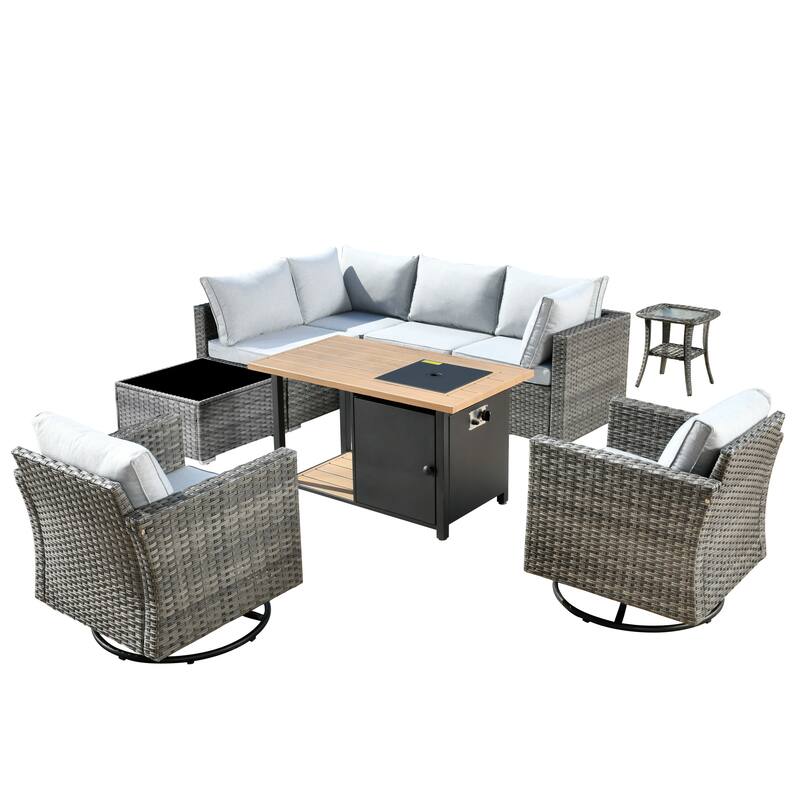XIZZI 9-piece Outdoor Patio Wicker Sectional Sofa Set with Fire Pit Table
