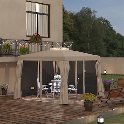 Khaki Aluminum Steel Polyester Outdoor Gazebo Tent with Mesh and Curtains