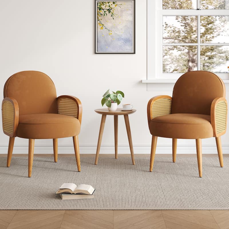 Velvet Accent Chair with Rattan Armrests
