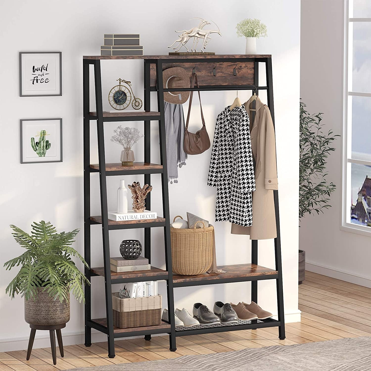 Coat Rack Freestanding Closet Organizer Clothes Garments Storasge Shelf for Hallway Tribesigns Entryway Hall Trees with Hooks and Shoes Bench Bedroom