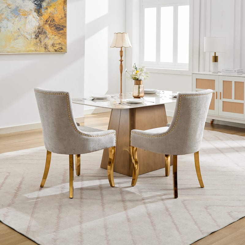 Chenille Dining Chairs, Modern Upholstered Accent Chair with Curved Gold-Plated Legs & Rivet Trim, Plush Fabric, Set of 2
