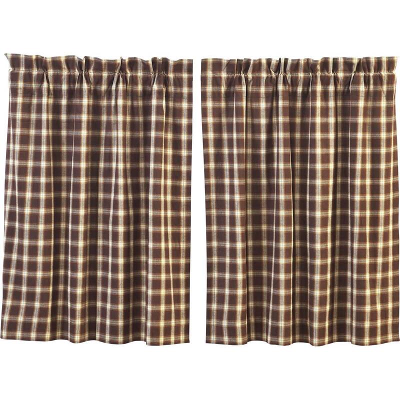 Brown Rustic Kitchen Curtains VHC Rory Tier Pair Rod Pocket Cotton Plaid