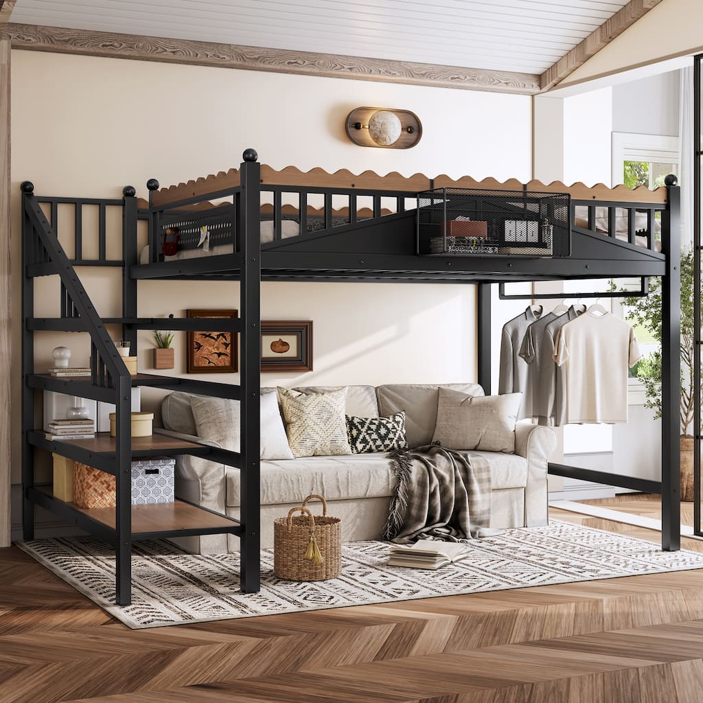 Queen Size Loft Bed with Storage Stairs, Metal Loft Beds Frame with Storage Shelves and Bookshelf, Loft Bed for Bedroom, Guest