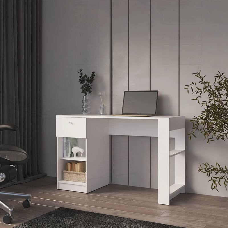 Modern White Computer Desk with Practical Storage - White