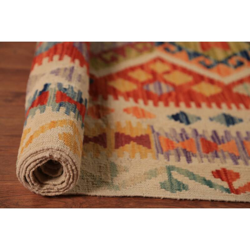 Tribal / Geometric Kilim Oriental Area Rug Hand-Woven Wool Carpet - 10'5"x 13'2"