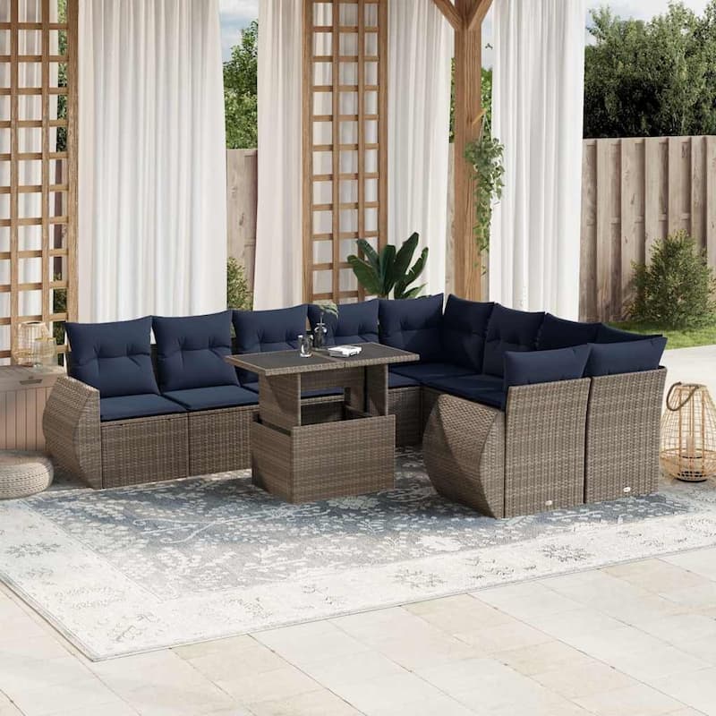 vidaXL 10 Piece Patio Sofa Set with Cushions Black/Brown/Gray Poly Rattan - 24.4 x 24.4 x 27.2