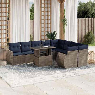 vidaXL 10 Piece Patio Sofa Set with Cushions Black/Brown/Gray Poly Rattan - 24.4 x 24.4 x 27.2