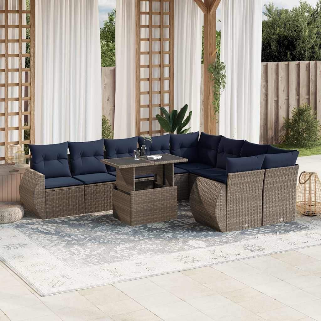 vidaXL 10 Piece Patio Sofa Set with Cushions Black/Brown/Gray Poly Rattan - 24.4 x 24.4 x 27.2