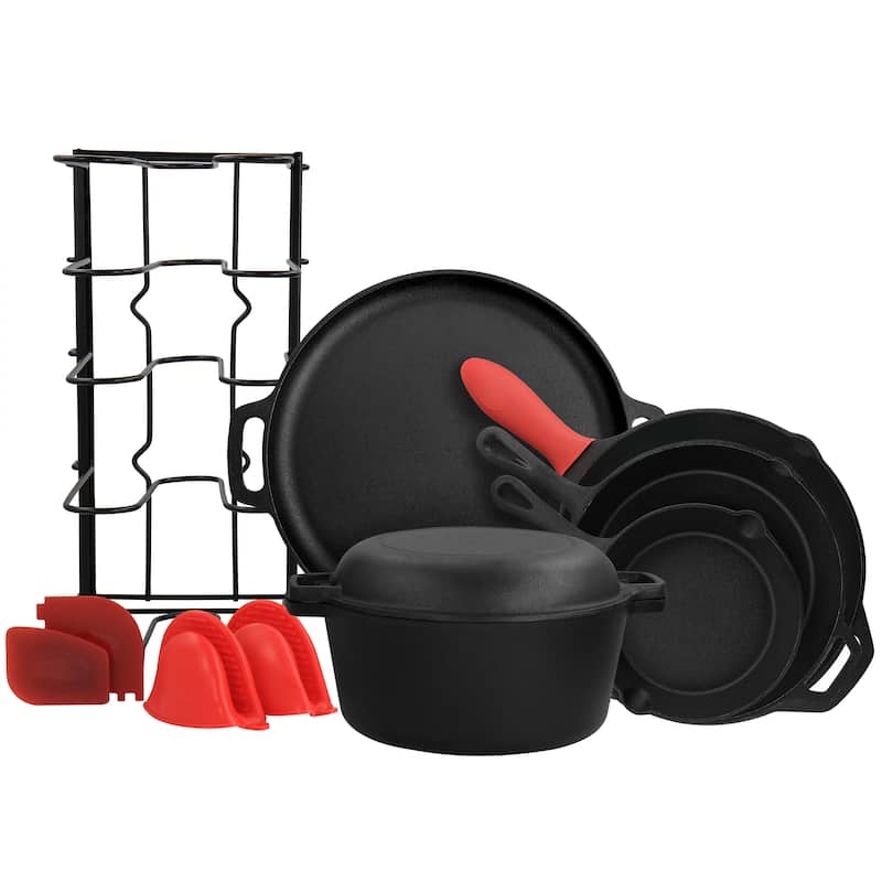 Cast Iron Pre Seasoned Skillet and Accessories 12 Piece Set - Black