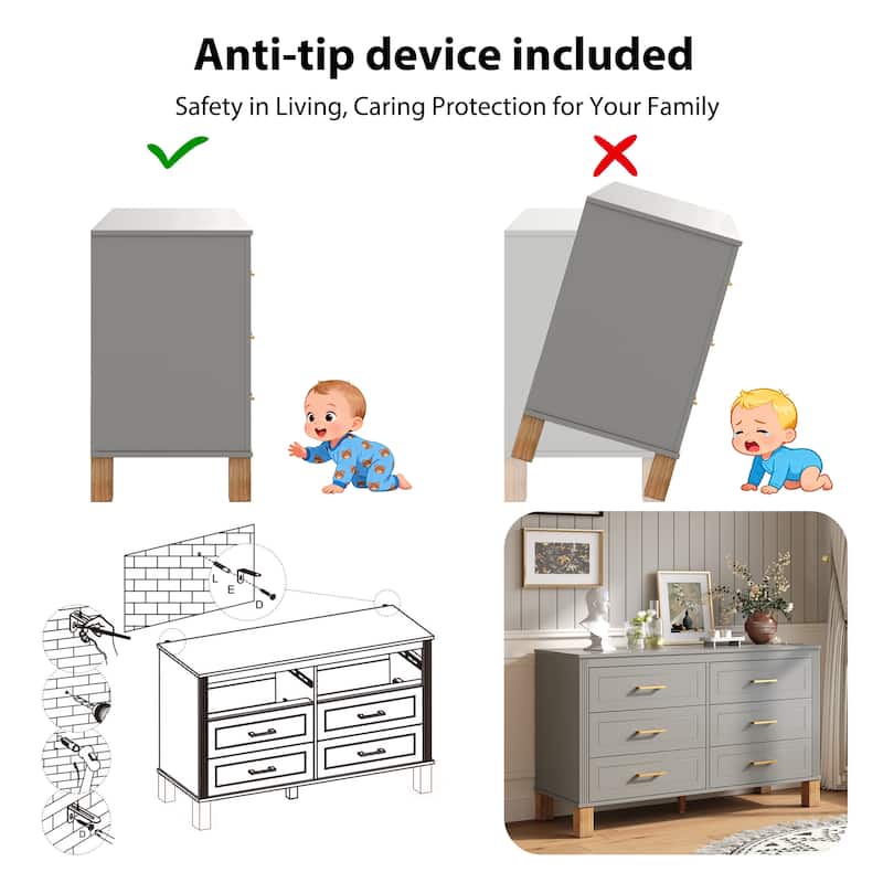 6-Drawer Double Dresser with Metal Handles & Solid Wood Legs, Kids Bedroom Storage Organizer