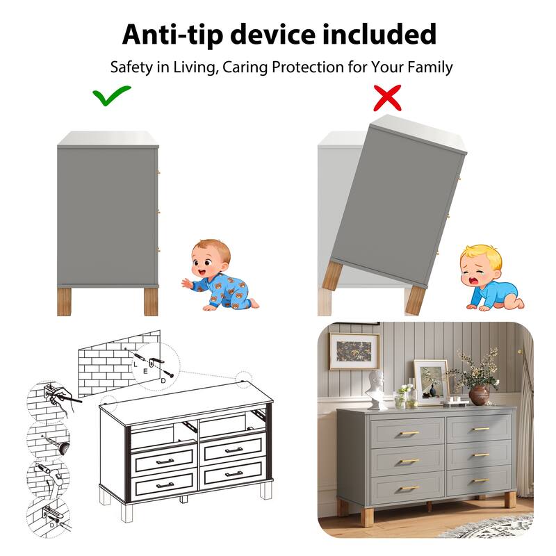 Modern Storage 6 Drawers Cabinet with Metal Handles and Solid Wood Legs