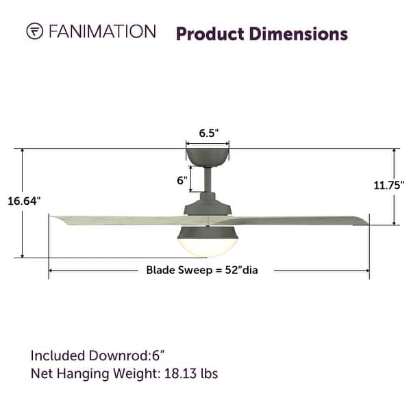 dimension image slide 1 of 2, Fanimation Barlow 52 inch Indoor/Outdoor Ceiling Fan with LED CCT Select Light Kit and Remote