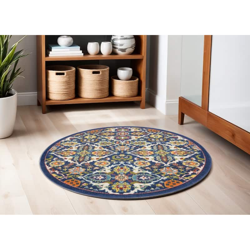 Goyim Power Loomed Geometric Floral Traditional Low Pile Area Rug By HomeRoots - 63' X '63' X '0.25 - 63' X '63' X '0.25 - Oxford Blue - Round