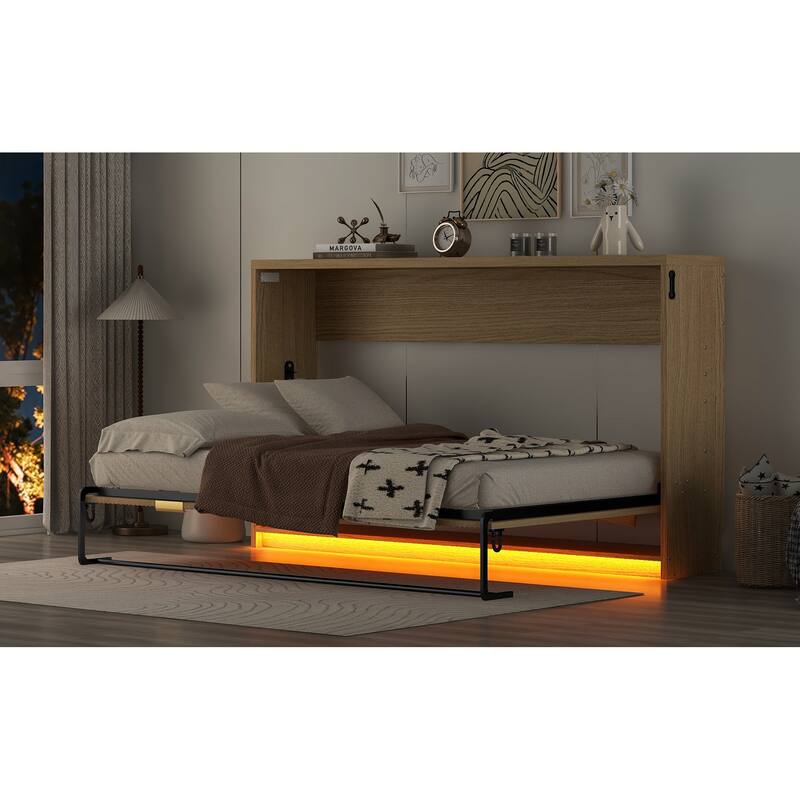 Twin-Size Murphy Bed with LED Lighting, Folds into a Cabinet, Natural Finish