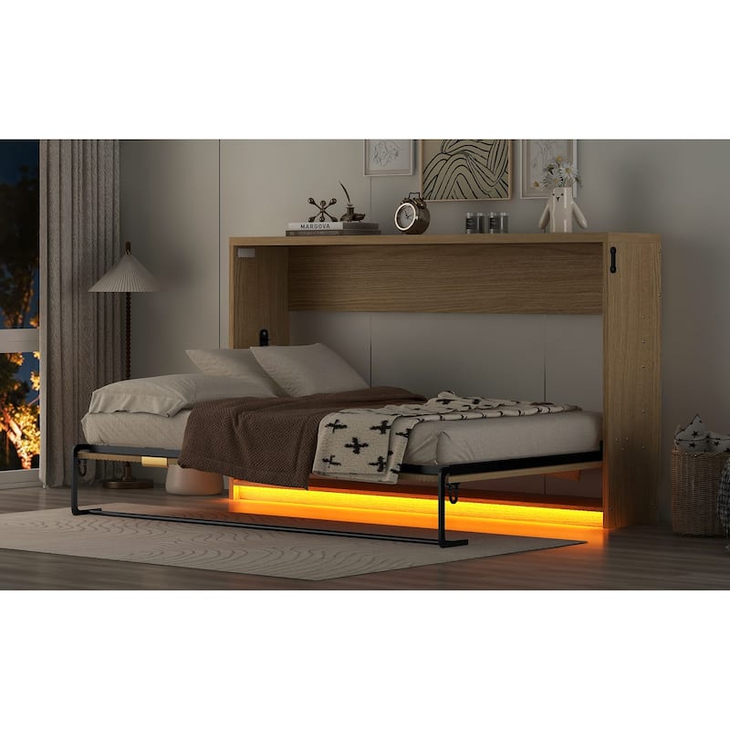 Twin XL Size Murphy Bed with Bottom LED Light, Foldable into Cabinet, Natural