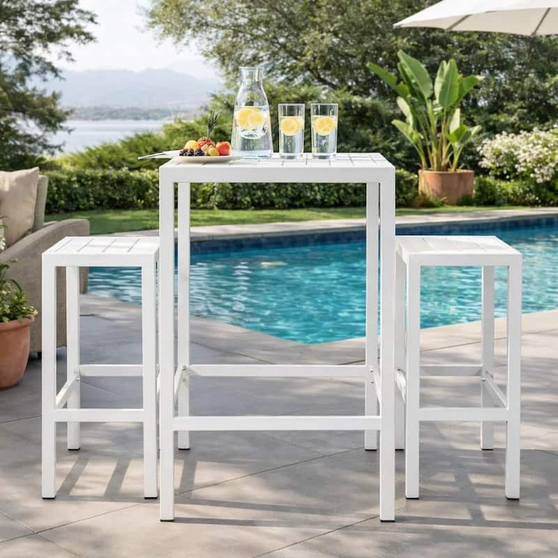 Kylo 43 Inch Outdoor Bar Table, Crisp White Aluminum Metal Frame, Small