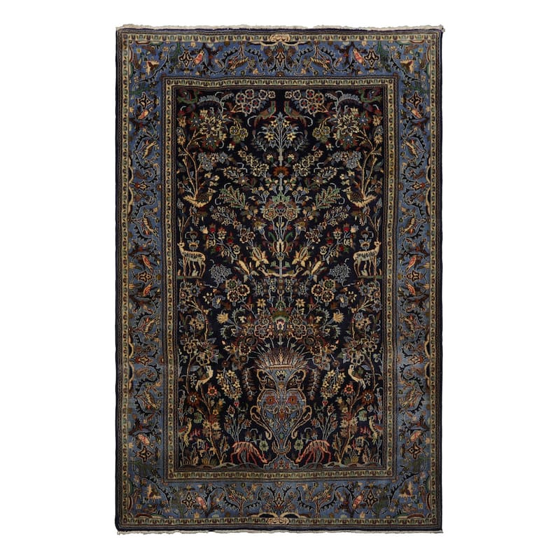 Kaszan Traditional Pictorial 200 KPSI 4'6''x7'1'' Hand Knotted Wool Navy Rug - 4' 6'' x 7' 1'' - 4' 6'' x 7' 1''