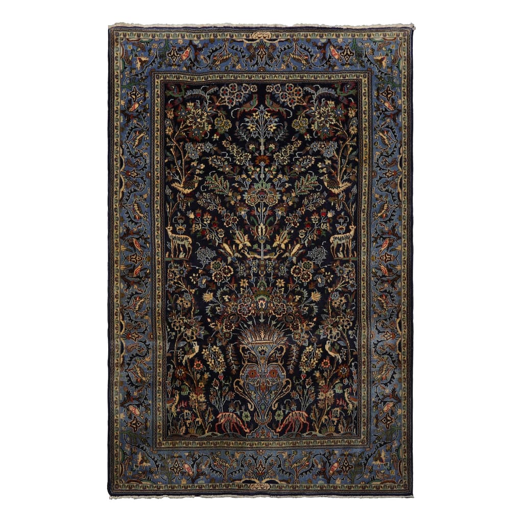 Kaszan Traditional Pictorial 200 KPSI 4'6''x7'1'' Hand Knotted Wool Navy Rug - 4' 6'' x 7' 1''