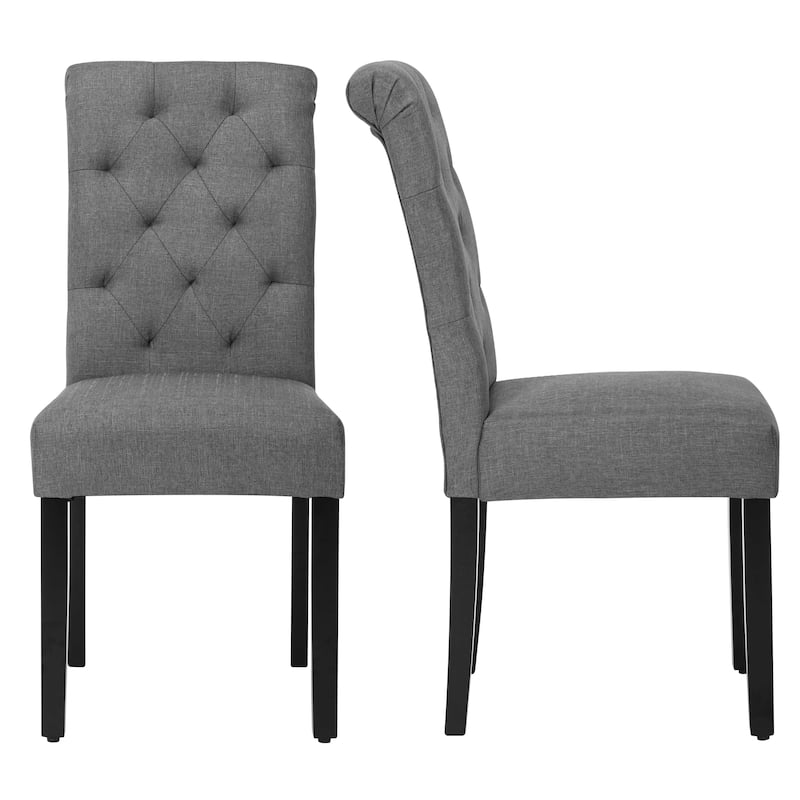 Fabric Upholstery High Back Tufted Parson Dining Chairs and Black Legs Set of 2 - Grey-2-Piece