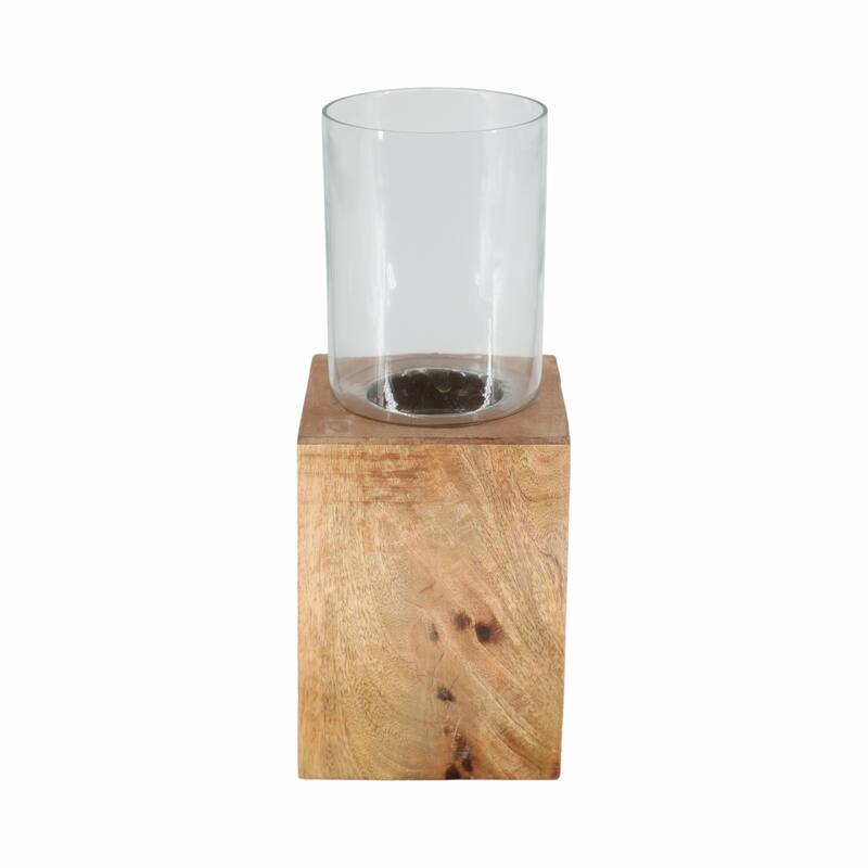 Sagebrook Home Elegant Mango Wood & Glass Pillar Hurricane Lantern