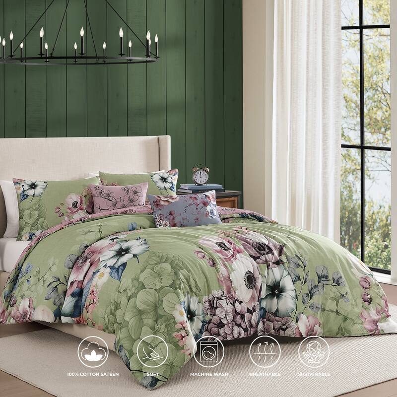 Bebejan Lilac Cascade on Olive 100% Cotton Sateen 5 Piece Reversible Comforter Set