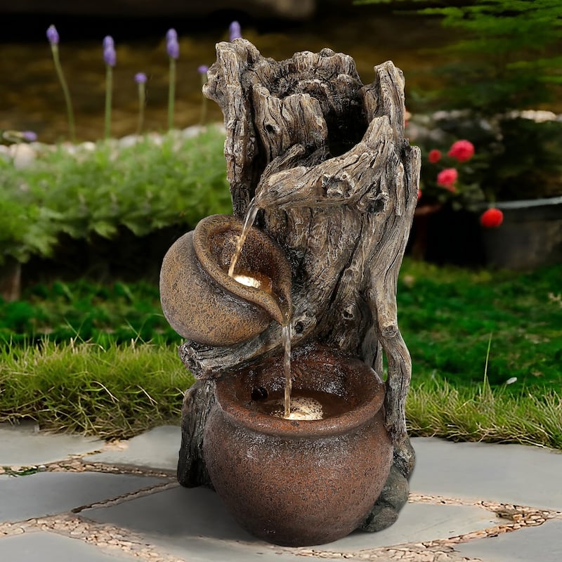 Brown Resin Tree Farmhouse Pots Outdoor Water Fountain with Lights
