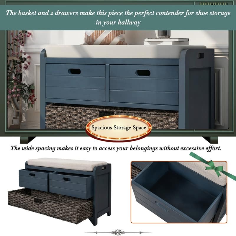 Grondin Retro Framhouse Style Entry Storage Shoe Bench with Padded Cushion, 2 Drawers and Removable Basket