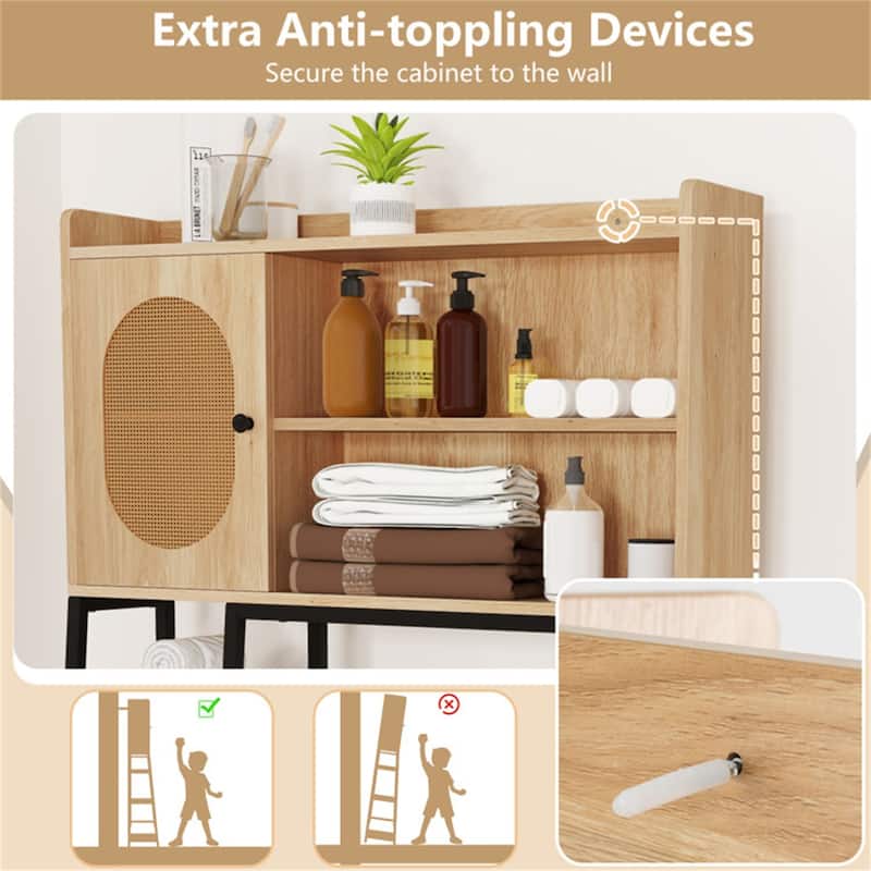 Bathroom Storage Shelf Over Toilet with PE Rattan Door and Adjustable Shelves Metal Frame - 35” x 11.5” x 55” (L x W x H)
