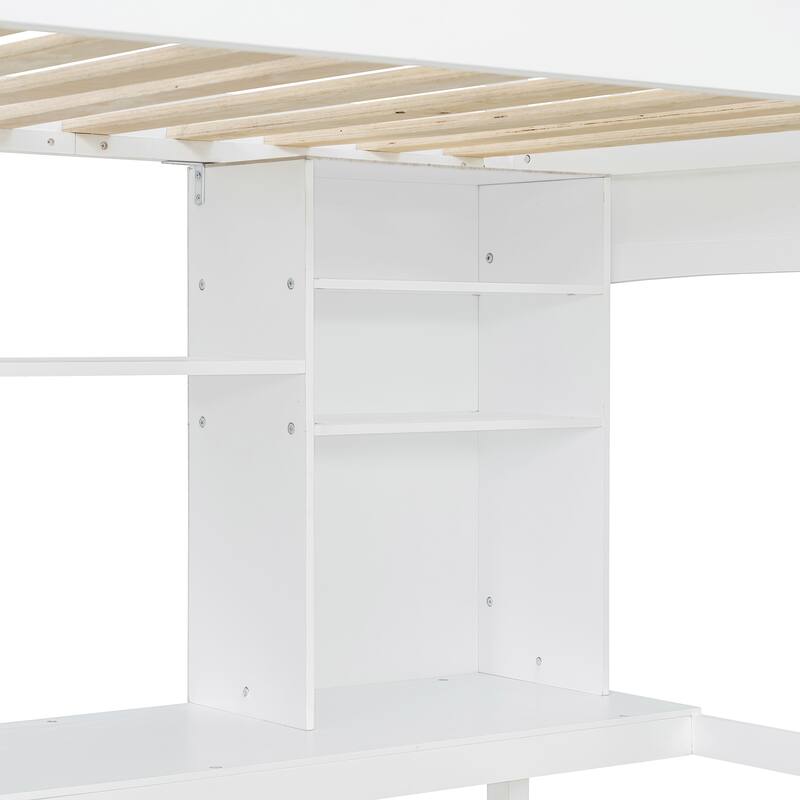 Twin size Loft Bed with Storage Shelves, Desk and Ladder, White